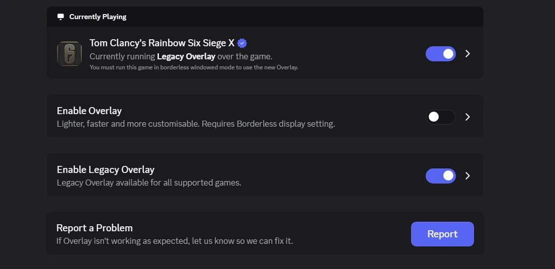 Discord Game Overlay settings showing Legacy Overlay enabled for Rainbow Six Siege X