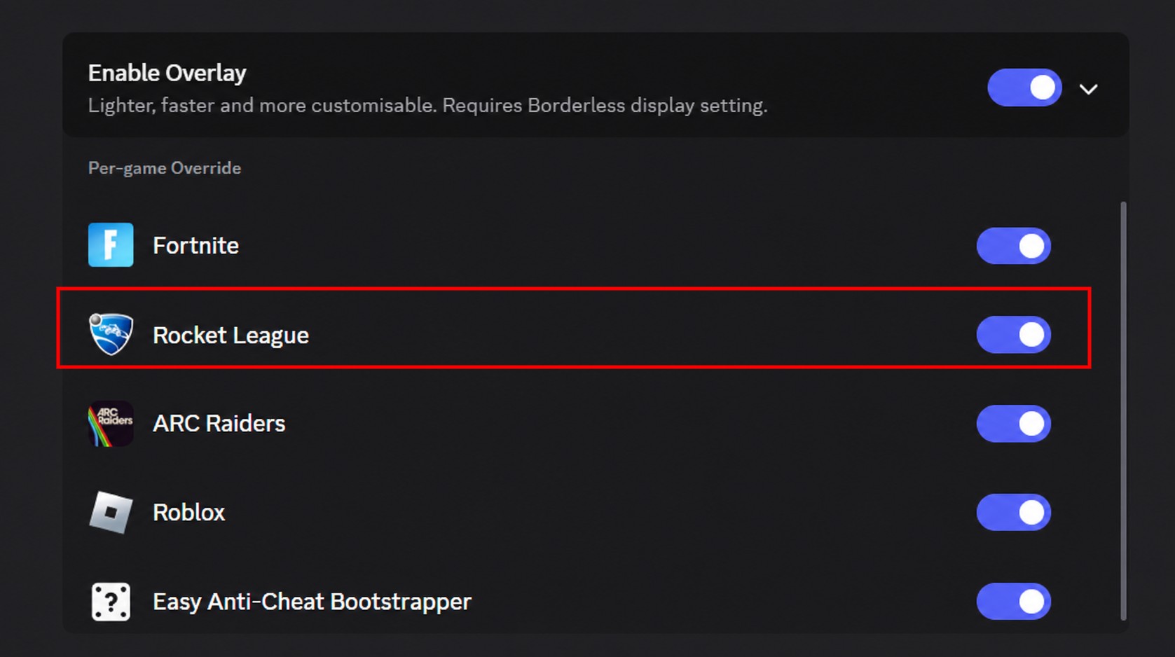 Discord Game Overlay settings