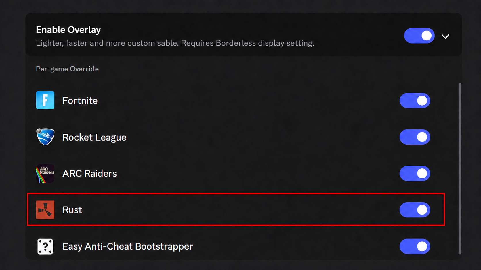 Discord Game Overlay settings