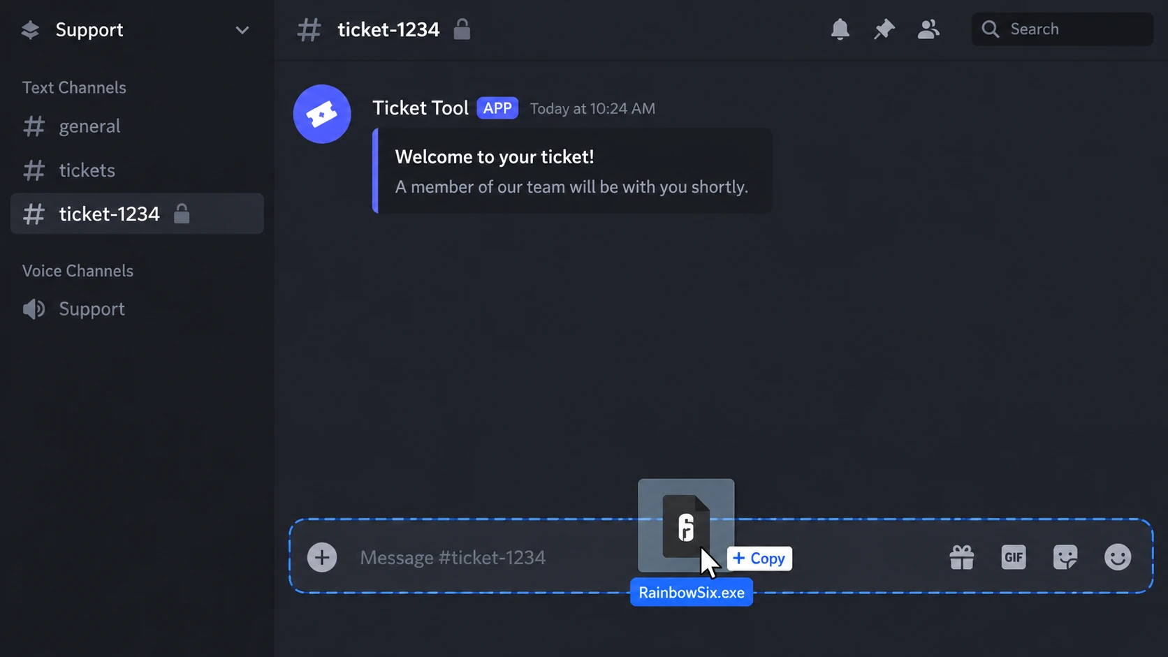 Drag it over the message box — the blue dashed outline means Discord is ready to take the file