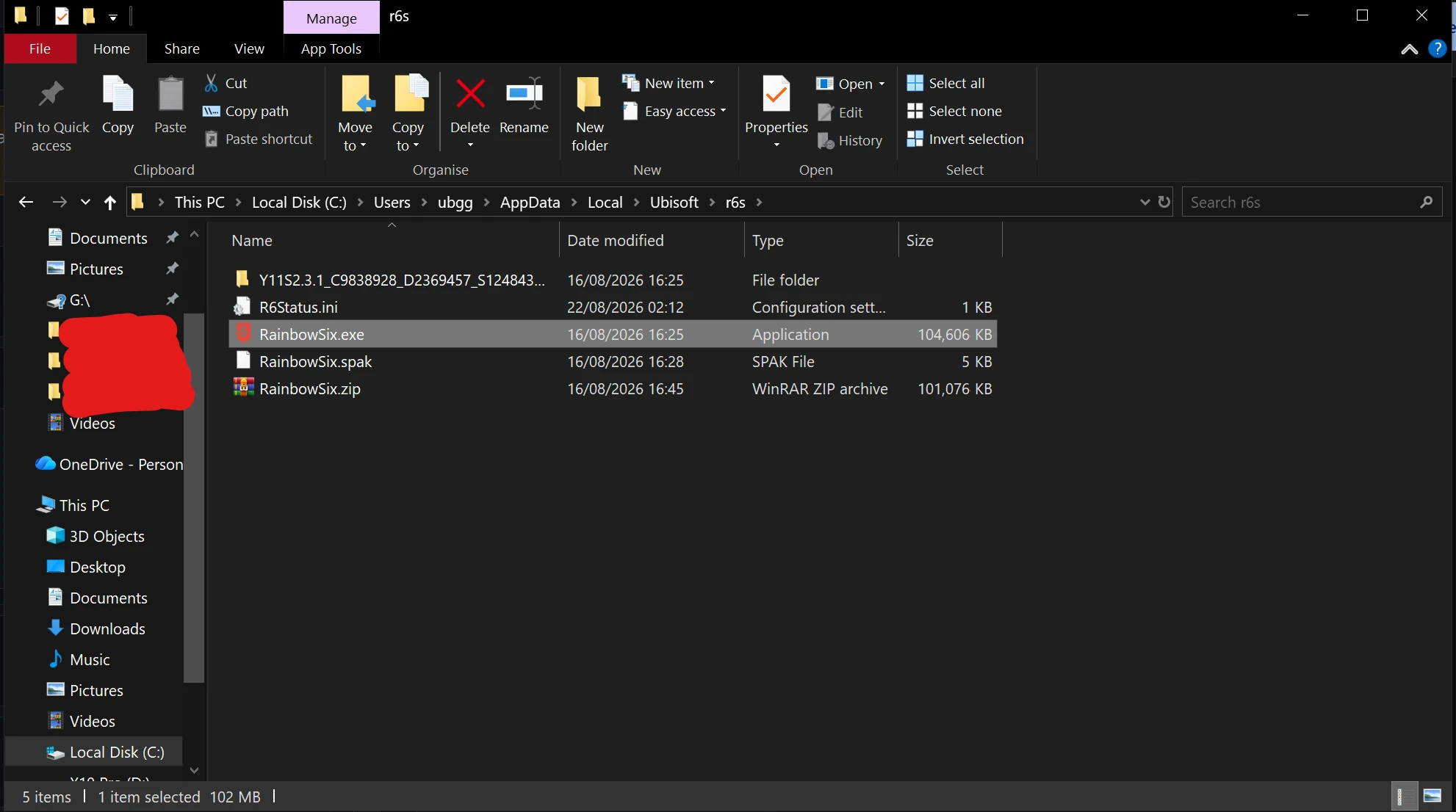 The r6s folder with RainbowSix.exe selected — note the size, roughly 104,000 KB