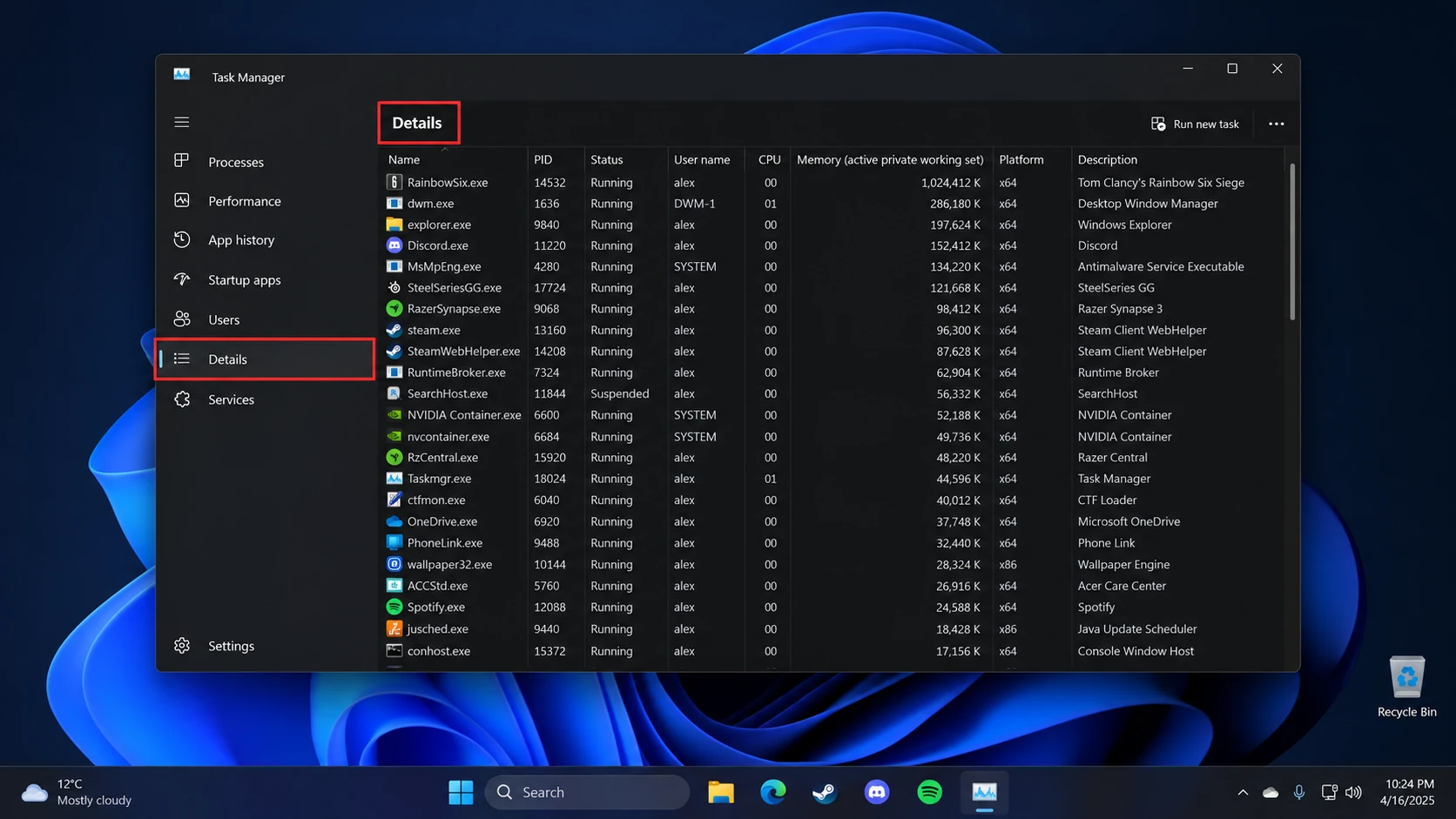 Details in the left sidebar on Windows 11 — on Windows 10 the same tab runs along the top