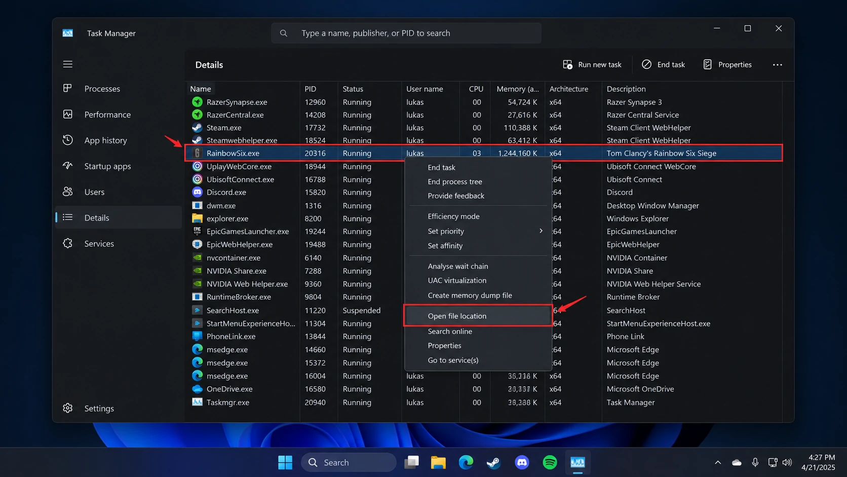 Right-click the highlighted row and pick "Open file location" from the menu