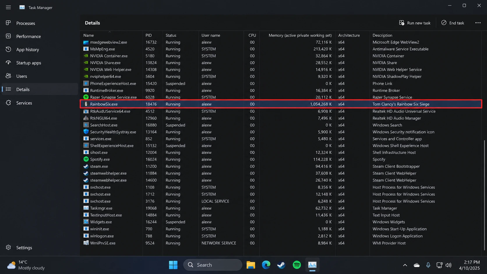 The Description column confirms it — "Tom Clancy's Rainbow Six Siege"