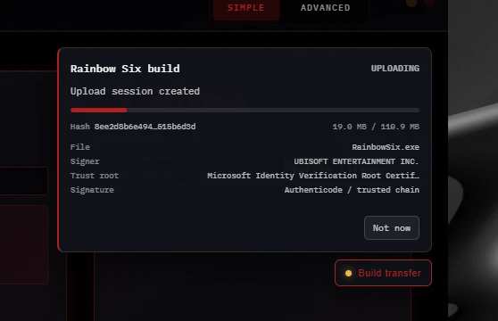Loader showing the Rainbow Six build transfer panel uploading RainbowSix.exe