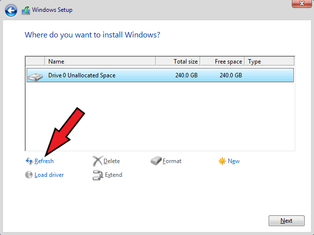 Refresh drive list — Drive 0 Unallocated Space