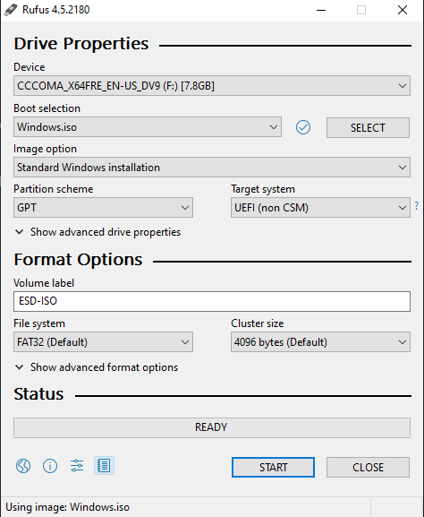 Rufus settings — GPT, UEFI non CSM