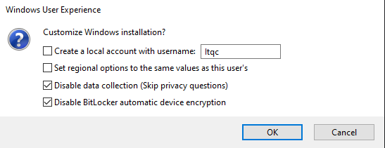 Windows User Experience dialog — select last two options