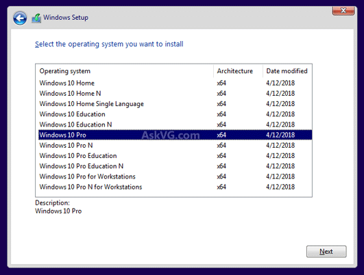 Select Windows 10 Pro in the installer